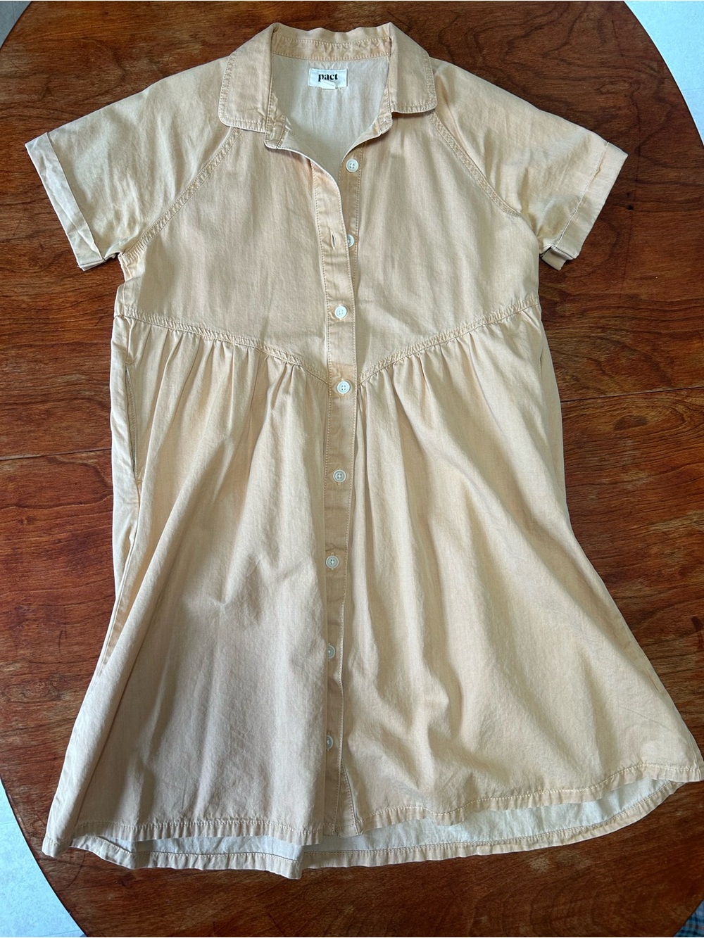Pact Short-Sleeve Button-Front Top in Light Tan